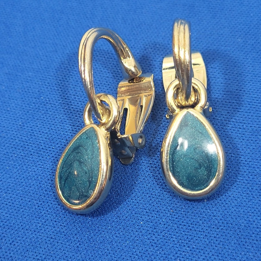 Gold Tone & Teal‎ Clip-On Teardrop Earrings